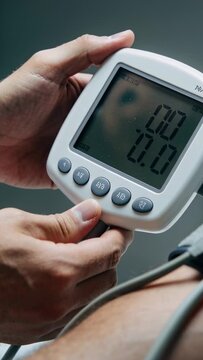 Vertical video: Starting check, nurse fitting BP cuff on patient bare arm at clinic, measuring BP