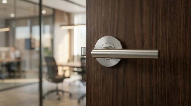 Professional office interior featuring a secure metal door knob on a wooden door.
