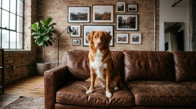 Interior loft view featuring a Nova Scotia Duck Tolling Retriever on a large leather couch.