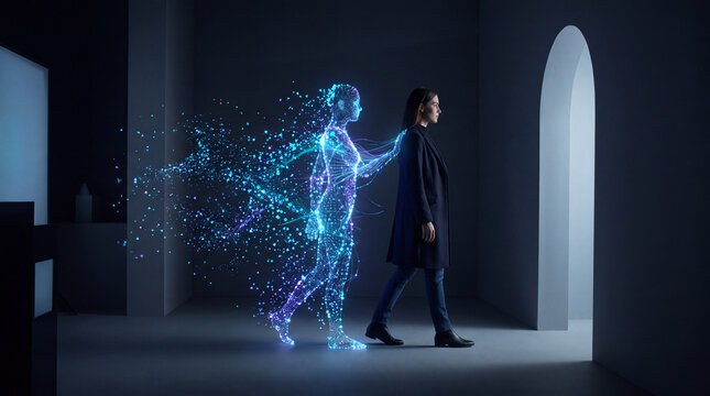 Woman walking beside her glowing digital data avatar