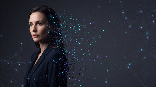 Businesswoman dissolving into a connected digital network