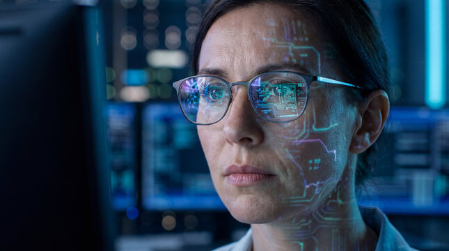 Close-up of a woman analyst with circuit data reflected in her glasses