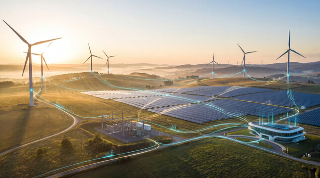 Wind turbines and solar farm connected by a smart energy network at sunrise