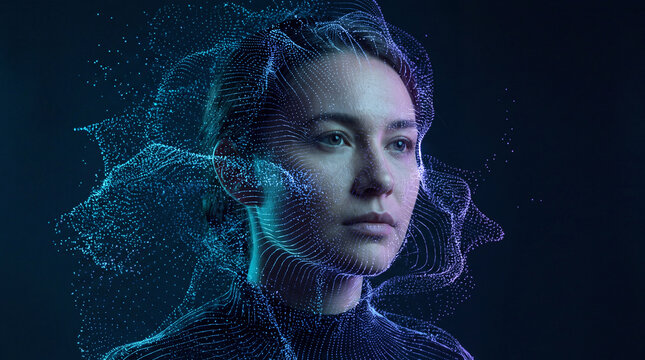 Woman's portrait dissolving into a digital particle wave