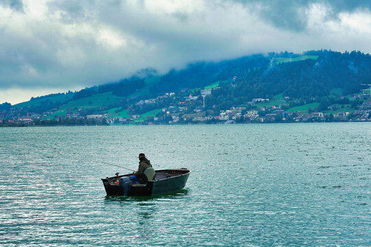 Lonely fisherman on Lake Aegeri, Switzerland