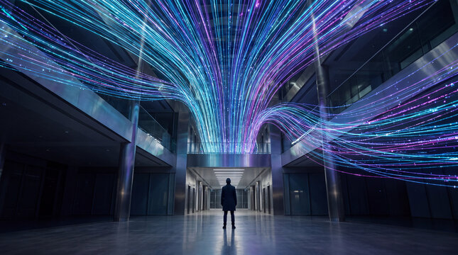 Silhouette standing beneath an arc of fiber-optic light streams