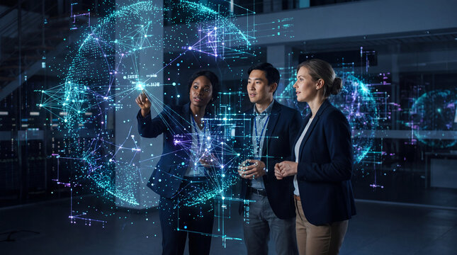 Three colleagues examining a global data network hologram