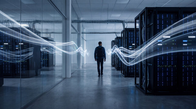 IT technician walking through a data center aisle lined with light waveforms