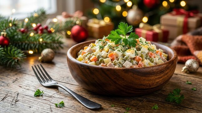 Festive Russian salad with diced cooked vegetables and mayonnaise presented in a wooden bowl.