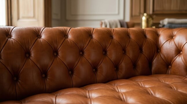 Premium brown leather upholstery with diamond pattern and vintage furniture style.