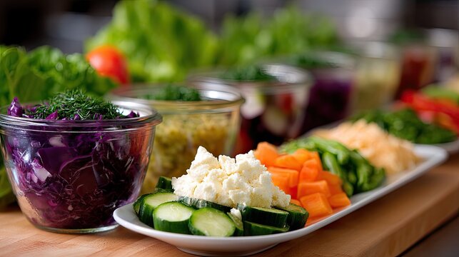 Wide kitchen island shows meal preparation for the week with organized glass containers filled with healthy ingredients ready for cooking