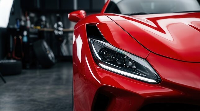 High-end automotive detailing involving clear vinyl film protection for a red car.