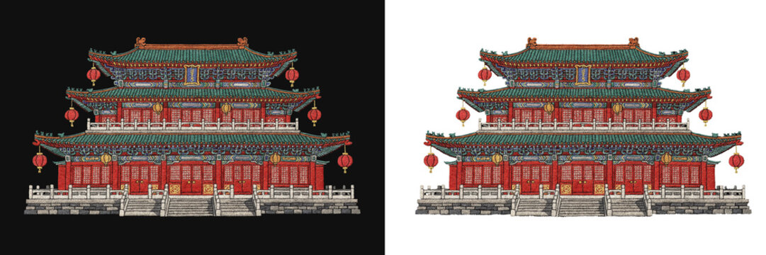 Elaborate traditional chinese building with green roofs and red walls with lanterns.