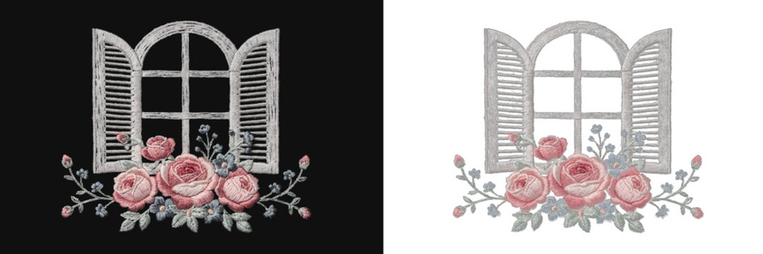 Embroidered arched window shutters with pink roses arrangement isolated on black.