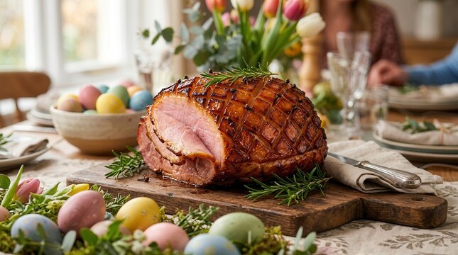 Traditional homemade Easter ham presented on a wooden board with seasonal decor.