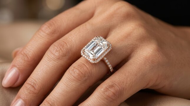 Elegant emerald cut diamond halo ring set in luxury rose gold.