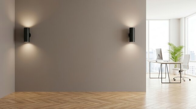 Modern office workspace with a clean background and blank wall space for design templates.