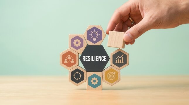 Hand placing a wooden block to build organizational resilience and accelerate growth.