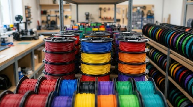 Vibrant assortment of 3D printing filament spools in a workshop setting.