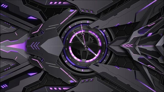 Futuristic Mech Clock Loop with Glowing Purple HUD Elements and Hexagon Pattern