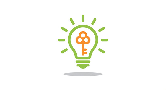 Vector illustration of light bulb and key inside. Symbol of key takeaways. Concept of key, light, bulb, message, education.
