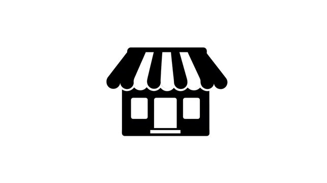 A simple, clean black and white icon representing a storefront or shop. The awning features alternating dark and light stripes, and the building has a doorway and two windows
