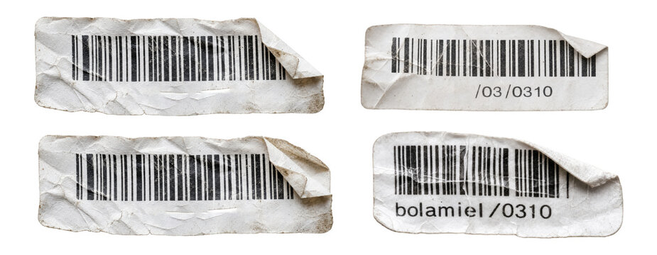 Crumpled paper barcode labels with peeling corners set on transparent background.