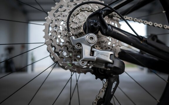 Close-up view of a bicycle rear derailleur and cassette gears on a high-performance cycling chain system