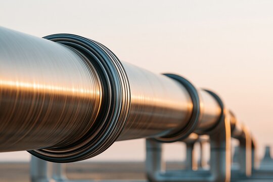 Long metal oil pipeline extending across an industrial landscape during a calm sunset with a soft sky and clear perspective in a modern facility