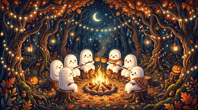 Cute chibi owls gathered around a campfire under a starry night sky
