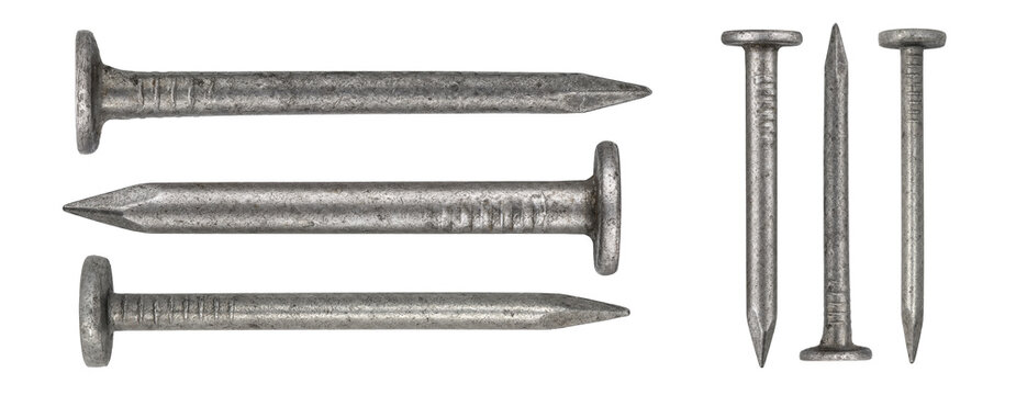 Three different views of rusty metal nails isolated on transparent background.