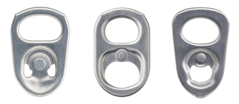 Three different metal pull tabs from drink cans isolated on transparent background.