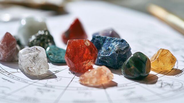 Vibrant Assortment of Healing Crystals and Gemstones, Raw and Tumbled, Artfully Arranged on an Astrological Chart, Revealing Their Natural Beauty and Mystical Allure for Holistic Wellness and Spiritua