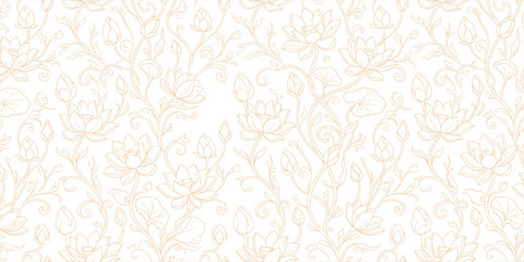 floral line art pattern featuring soft beige lotus flowers and vines on a white background. © Sambsadashiv