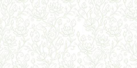 Fototapeta premium floral line art pattern featuring soft green lotus flowers and vines on a white background.