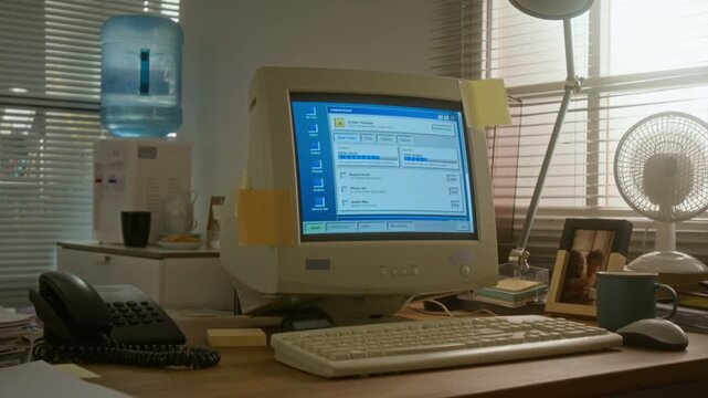 Retro CRT computer monitor displaying file download progress on messy office desk. Footage is ideal for nostalgic technology commercials or historical documentaries about early internet era