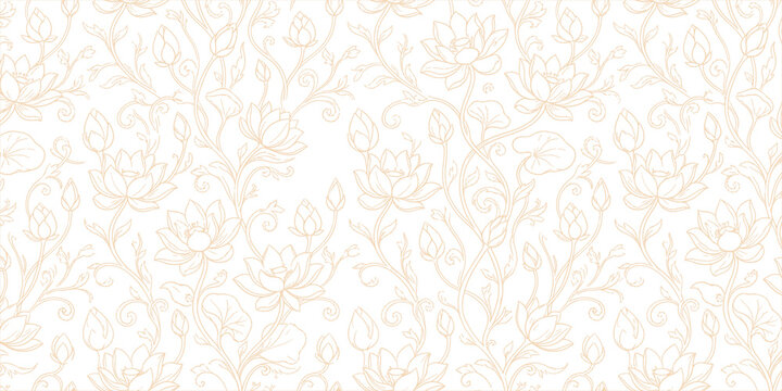 floral line art pattern featuring soft beige lotus flowers and vines on a white background.