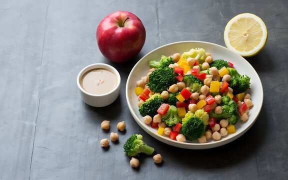 A vibrant healthy salad bowl filled with chickpeas, colorful vegetables, and fresh broccoli paired with a lemon wedge and apple for a nutritious meal option