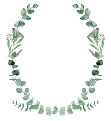 Watercolor eucalyptus oval frame with botanical greenery, elegant floral border isolated on transparent background. PNG clipart © Anna Nekotangerine