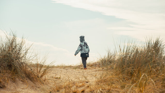 Young Child Walking on Sandy Beach Dune Path Surrounded by Tall Grass