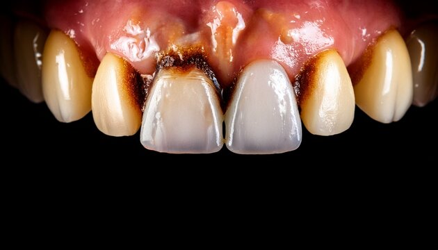 dental macro view of stained lower teeth requiring professional cleaning dirty teeth