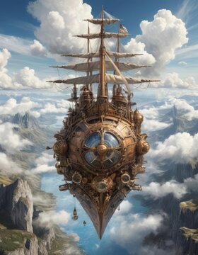 barco steampunk navegando por los cielos