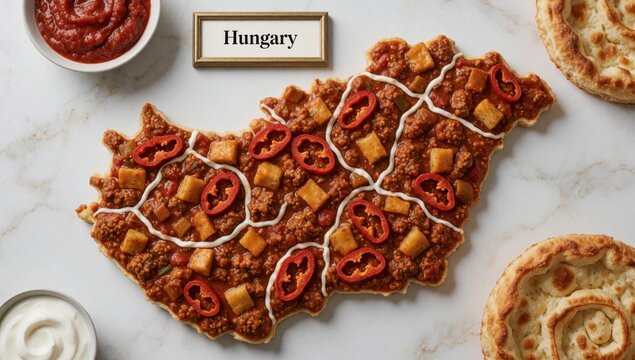 Map hungary made food white marble countertop different types including meat cheese red peppers there small bo