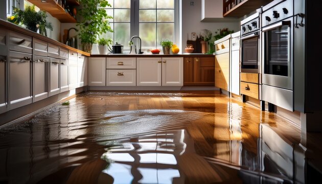 photo focusing on kitchen floor submerged by leaking water