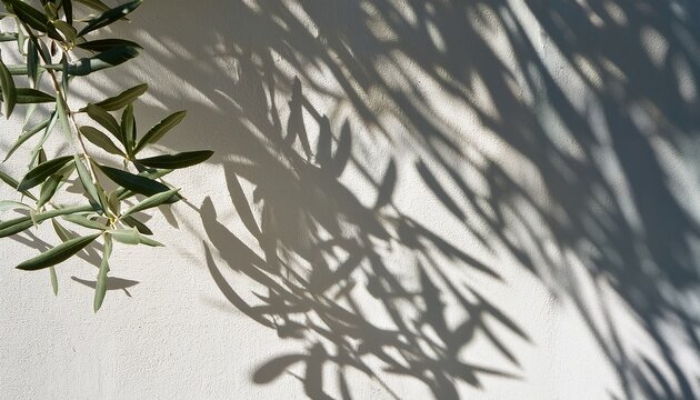 olive tree branches casting shadows on a white wall