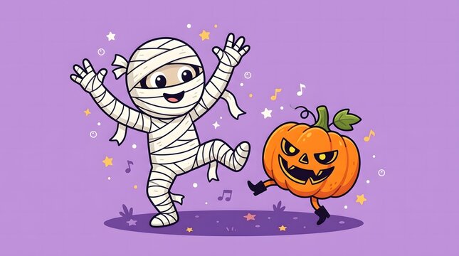 Cute cartoon mummy and jack o lantern pumpkin dancing together to celebrate a fun happy halloween day event