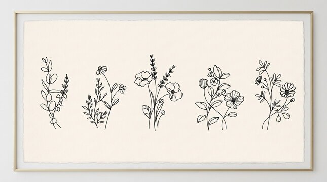 Five minimalist line floral arrangements, black botanical outlines on a soft beige paper background flowers