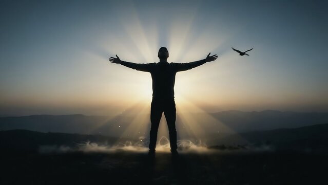Person with arms wide open at sunset