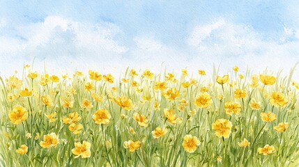 Fototapeta premium Vibrant watercolor painting captures a sunny meadow of yellow blossoms and lush green grass under a soft blue sky with fluffy white clouds, evoking a serene and joyful spring day