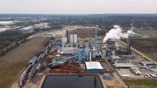 Aerial view of Ethanol industrial factory pollution and smoke